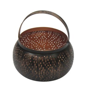 A black metal basket adorned with artistic dots.